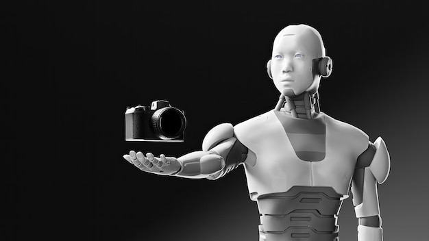 un robot con una cámara y una cámara en el fondo