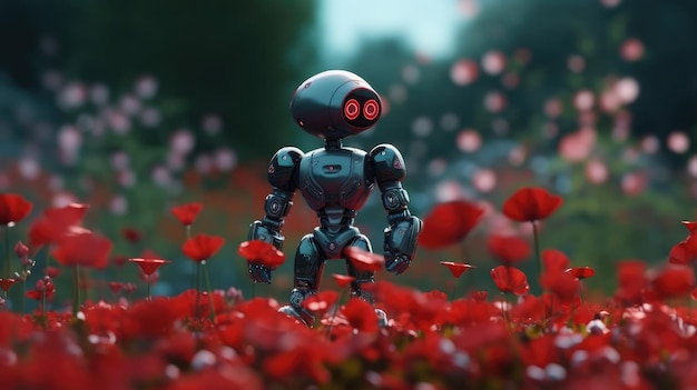 Un robot camina por un campo de flores rojas.