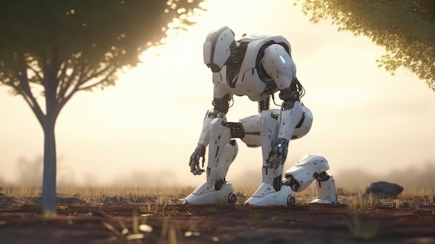 Un robot camina por el suelo frente a un árbol.