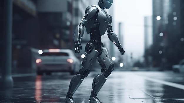 Un robot caminando por una calle mojada bajo la lluvia