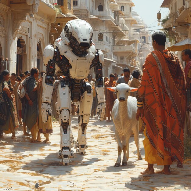 un robot caminando por una calle con una vaca