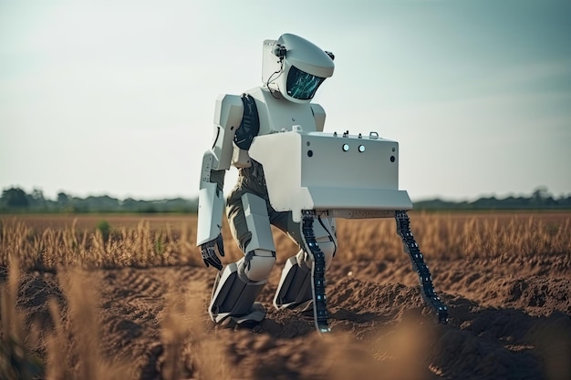 Robot caminando en un campo de trigo Concepto de tecnología futura Agricultor robot de IA futurista trabajando en las tierras de cultivo Generado por IA