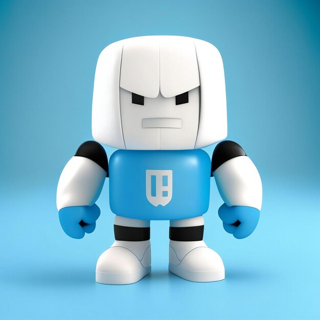 un robot con una camiseta azul que dice " p ".