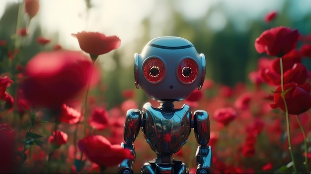 Un robot en un campo de amapolas rojas