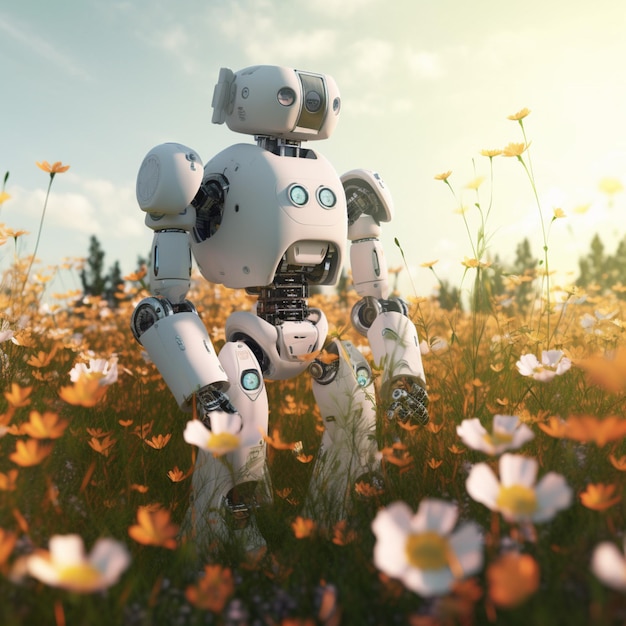 Un robot se para en un campo de flores con un fondo de cielo.