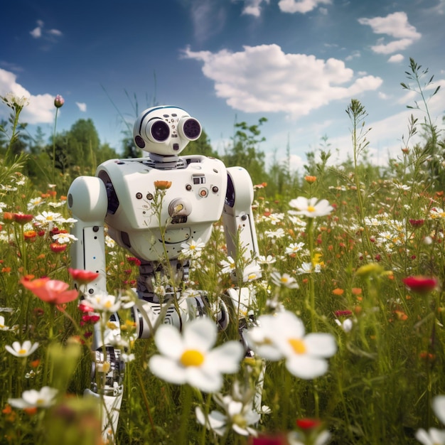 Un robot se para en un campo de flores con la palabra robot.