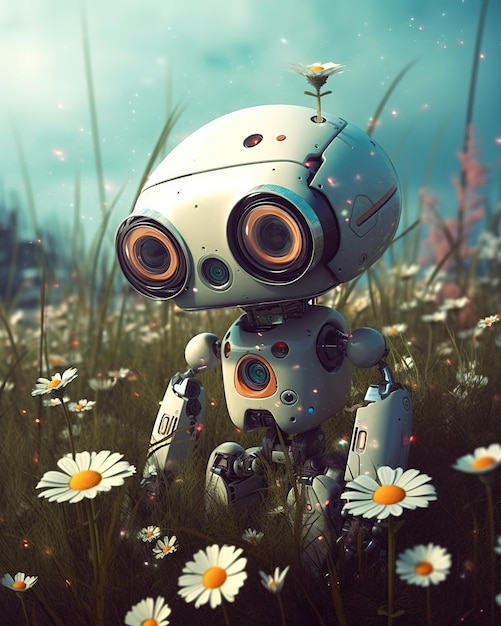 Un robot en un campo de flores.