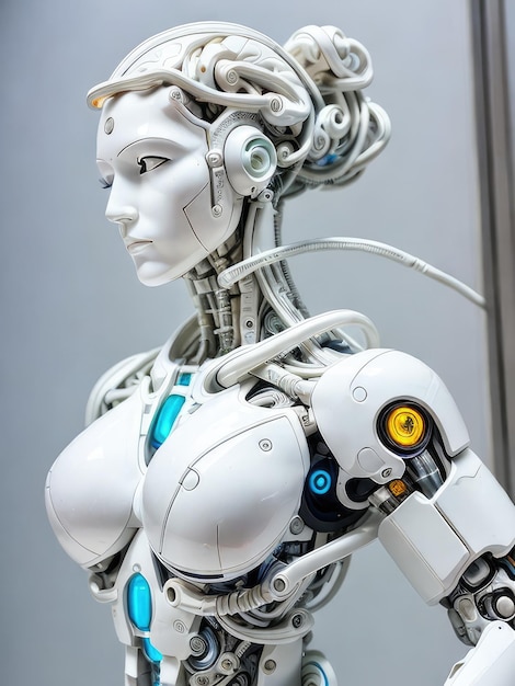 Un robot con una cara blanca y un botón amarillo en el frente.