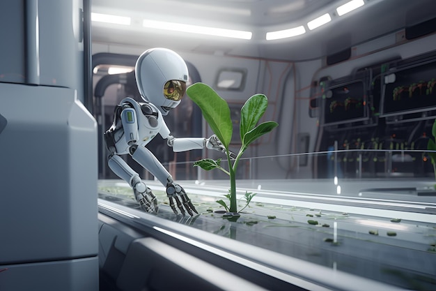 Foto un robot con la cara blanca y gafas está mirando una planta.