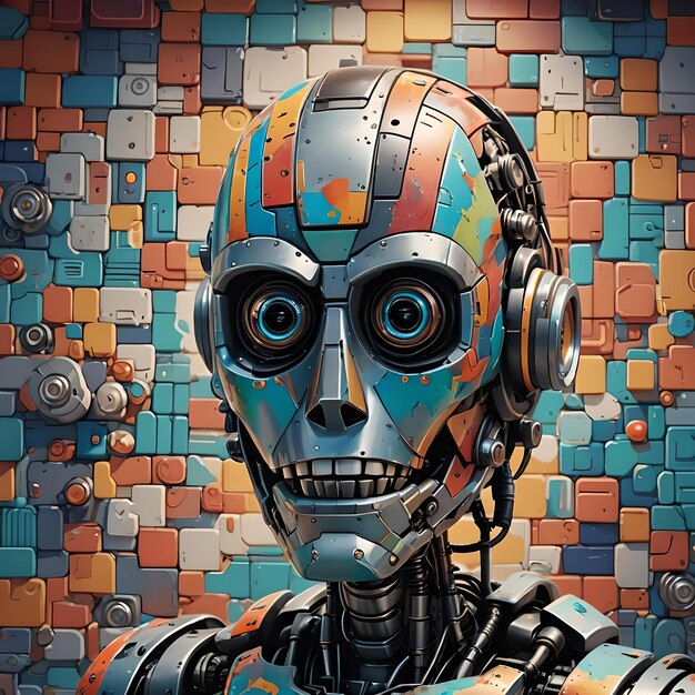 un robot con cara de metal con fondo de mosaico