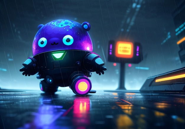 Un robot con la cara morada camina bajo la lluvia.