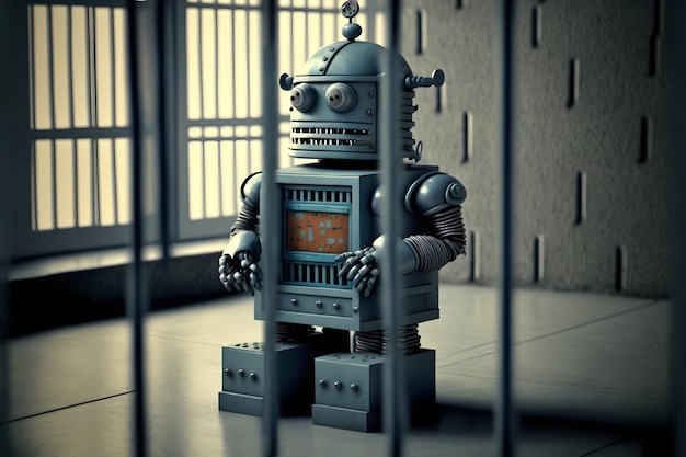 Robot caricaturesco en la cárcel detrás de las rejas red neuronal generada concepto de regulación de ley de ai de arte