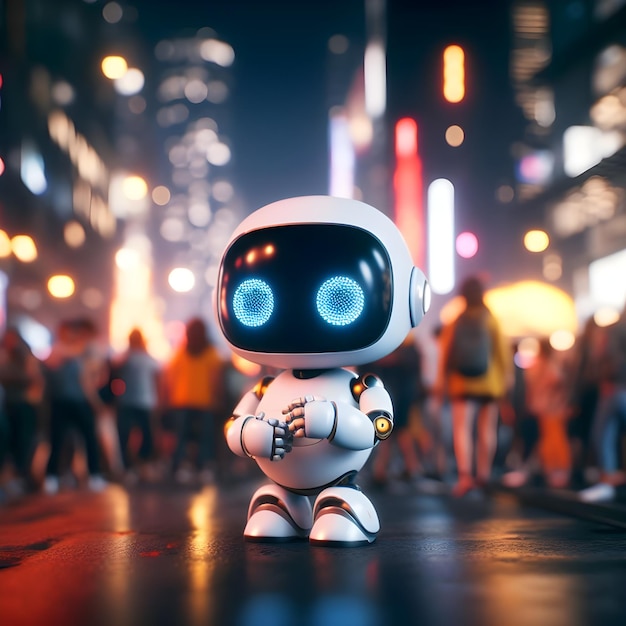 Robot en la carretera de la ciudad por la noche renderizado 3d