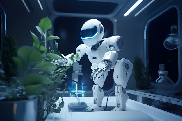 Un robot con casco blanco se encuentra en una habitación con plantas.