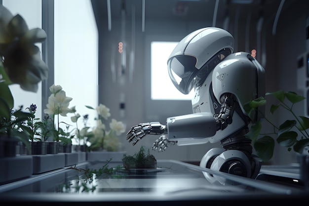 Un robot con casco blanco está mirando una planta.