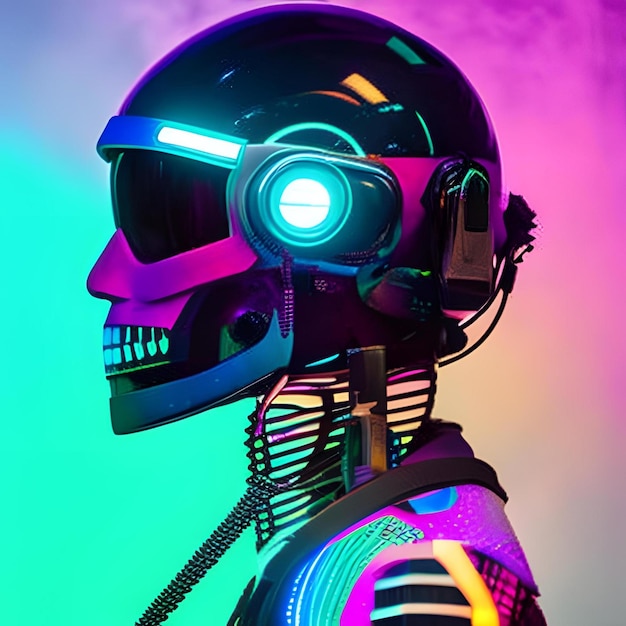 Un robot con un casco morado y una luz azul.