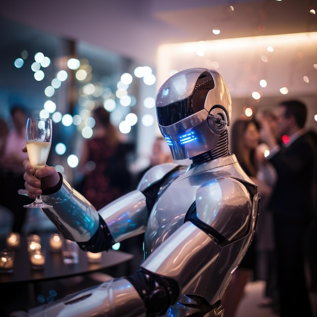 un robot celebrando la víspera de Año Nuevo con una copa de champán en el futuro