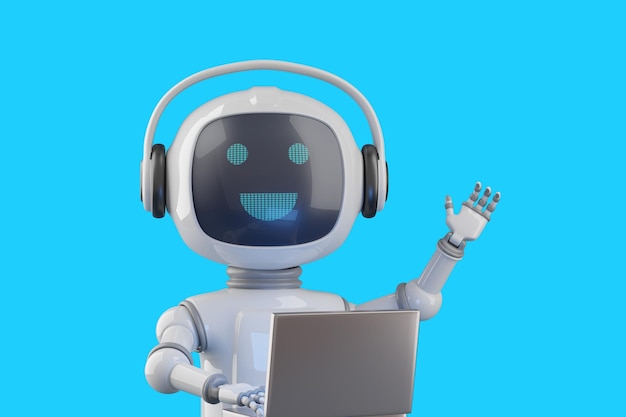 Foto robot de chat de estilo de dibujos animados amigable con portátil saludando ilustración 3d