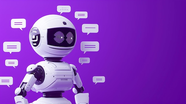 robot chateando fondo violeta aislado chatbot rodeado de múltiples burbujas de discurso