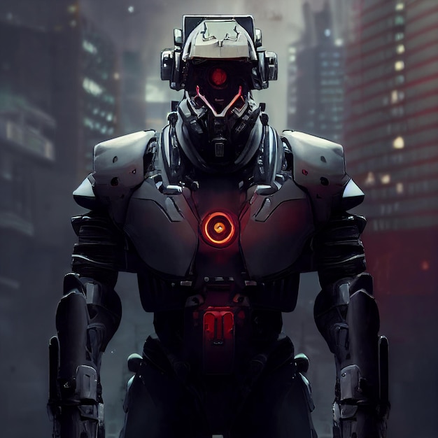 Un robot con un círculo rojo en el pecho está parado en una ciudad oscura.