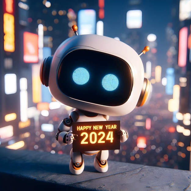 Robot en la ciudad por la noche Nuevo año 2024 concepto