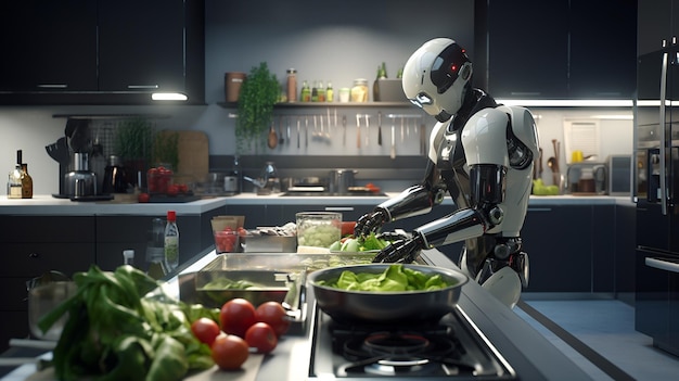 Un robot cocina ensalada en una cocina moderna