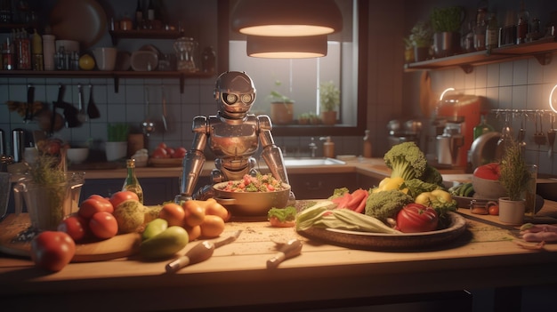 Robot cocinando en una cocina con un bol de verduras en la encimera.