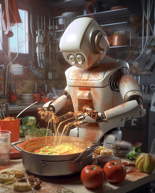 Un robot cocinando en una cocina con tomates y verduras.