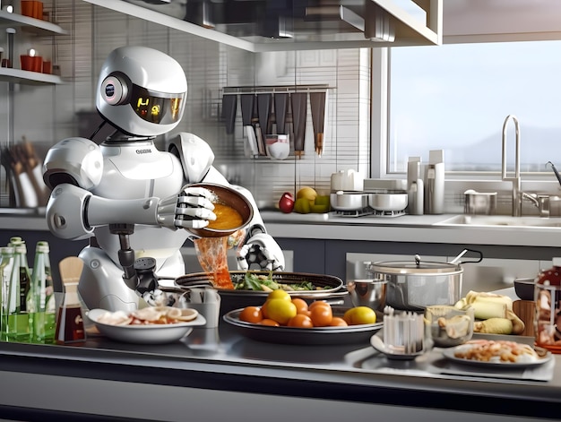 Robot cocinando el desayuno en una cocina moderna