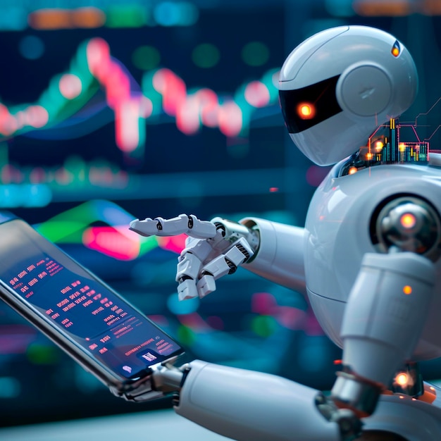 Robot comerciante IA para el comercio automatizado en el mercado de valores Robot de mano apunta al gráfico de vela en