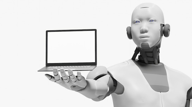 un robot con una computadora portátil que dice robot en la pantalla