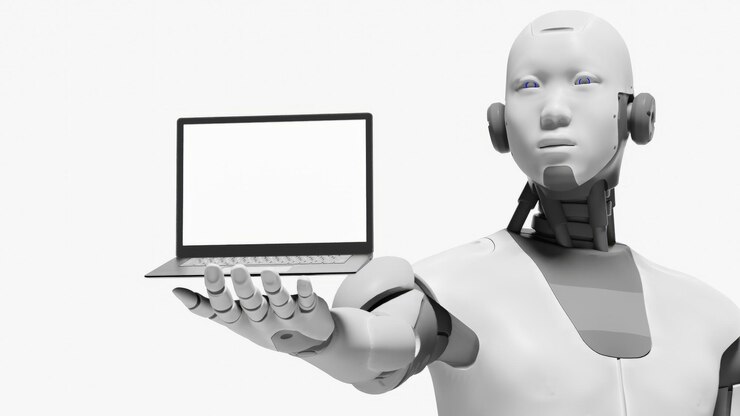 Foto un robot con una computadora portátil que dice robot en la pantalla