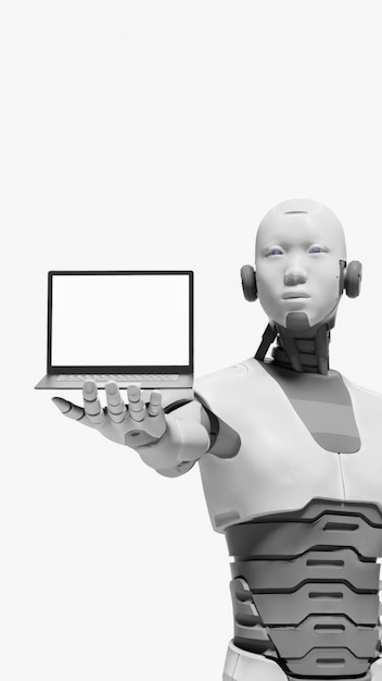 un robot con una computadora portátil que dice robot en la pantalla