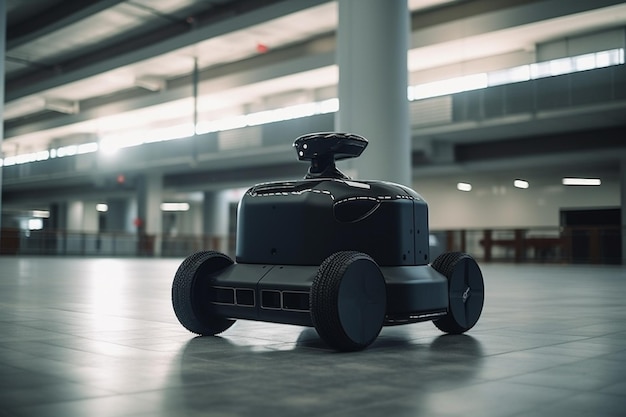 Un robot con un control remoto en la cabeza está sentado en una habitación grande.