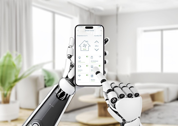 Robot controla la temperatura y otros parámetros de la casa inteligente con la aplicación móvil El concepto de desarrollo tecnológico y gestión de servicios con la ayuda de inteligencia artificial
