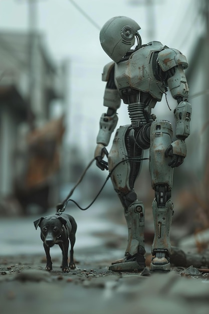 Foto un robot con una correa unida a un perro