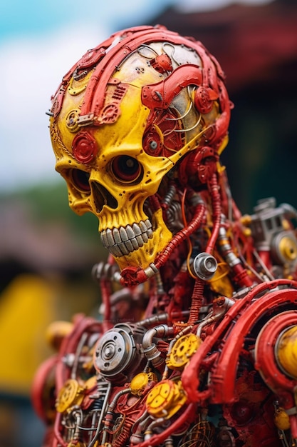 Un robot con un cráneo hecho de metal y algo de pintura roja