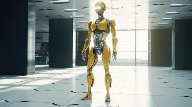 Un robot con un cuerpo amarillo se encuentra en una habitación oscura.