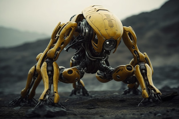 Un robot con cuerpo amarillo se para frente a una montaña.