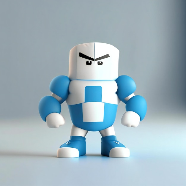 un robot con cuerpo azul y blanco y camiseta blanca.