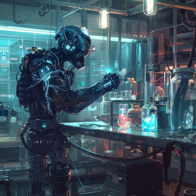 un robot con un cuerpo azul y una botella de líquido delante de él
