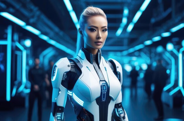 robot con cuerpo femenino metálico y cabeza de joven asiática concepto cyberpunk futurista