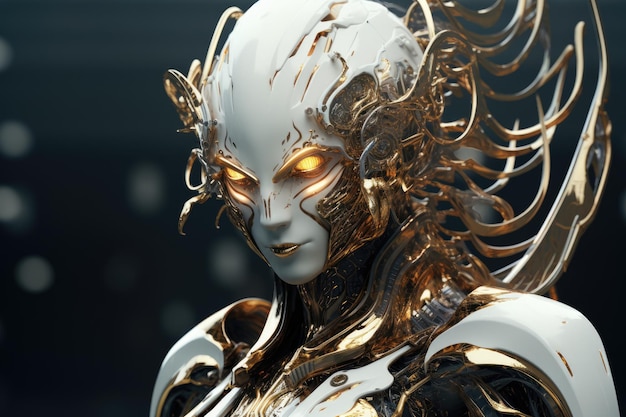 Robot en un cuerpo futurista al estilo de ai generativo blanco oscuro y dorado.