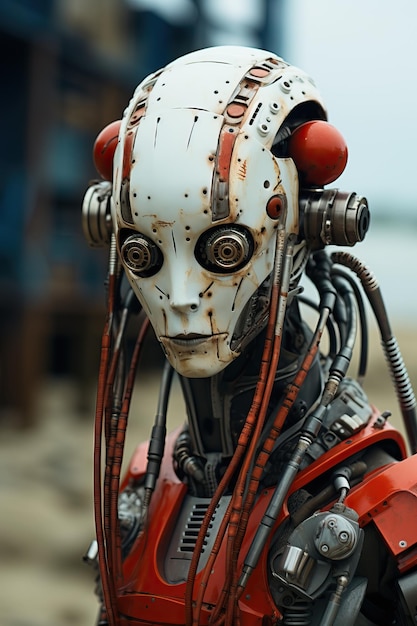 un robot con cuerpo rojo y cabeza de metal