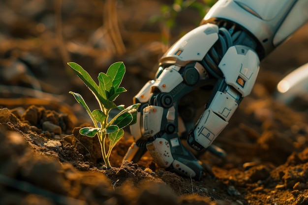 Un robot cuidando un pequeño brote de árbol