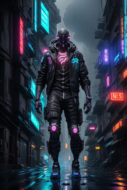Robot cyberpunk en la ciudad