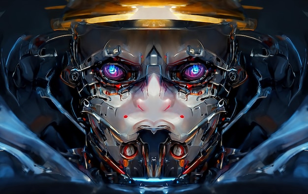 Robot cyborg humanoide cara cráneo tecnológico cyborg cabeza Futurista metálico ciencia ficción masculino Fantástico 3d ilustración