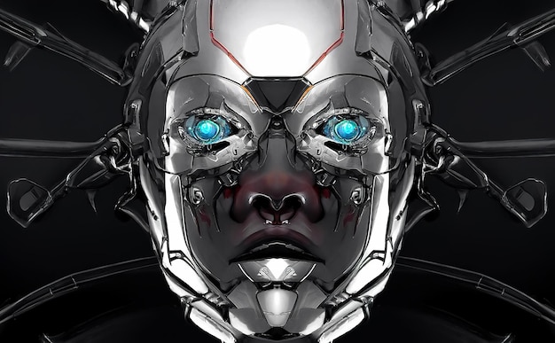 Robot cyborg humanoide cara cráneo tecnológico cyborg cabeza Futurista metálico ciencia ficción masculino Fantástico 3d ilustración