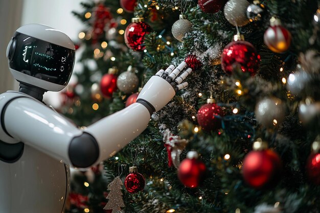 Robot decorando un árbol de Navidad con adornos coloridos en una acogedora sala de estar IA generativa