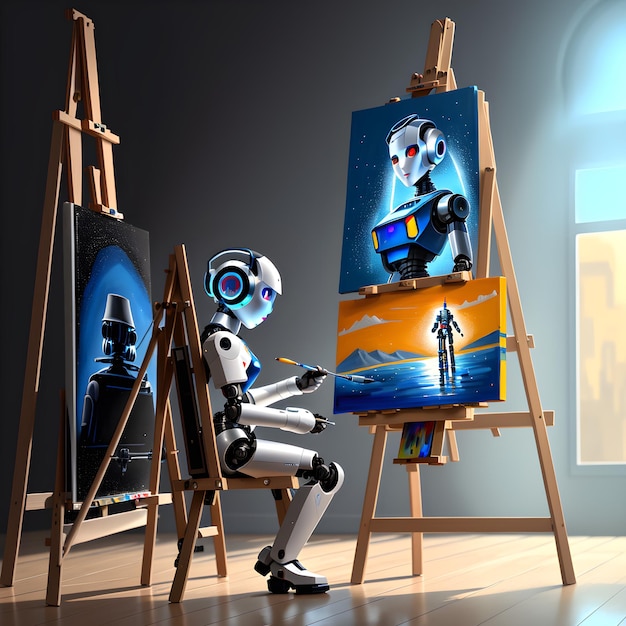 Un robot dibuja una imagen generada por un robot artista inteligencia artificial ai